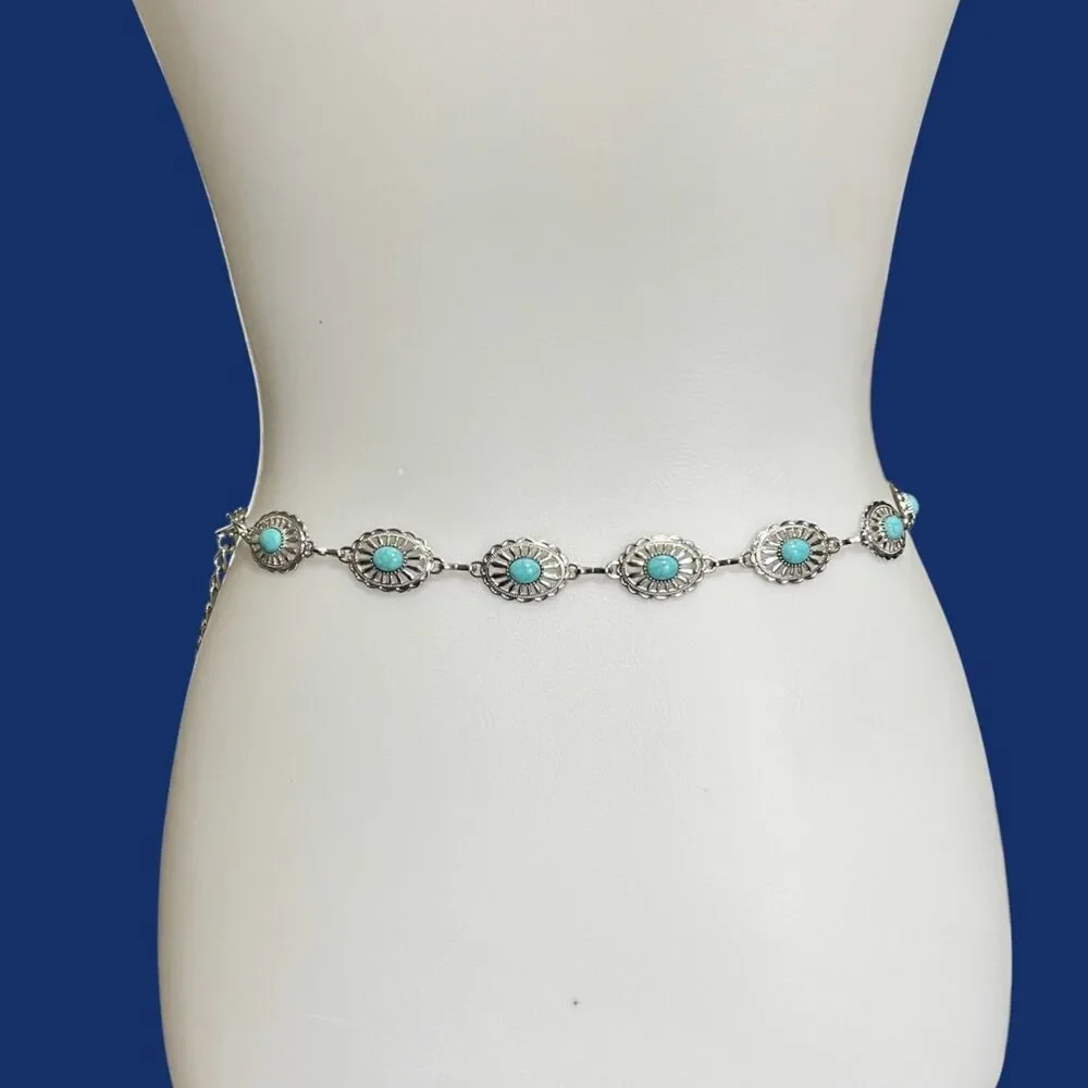 Womens Concho Chain Belt Silver Tone Turquoise Blue Faux Stone Accents 44 inch